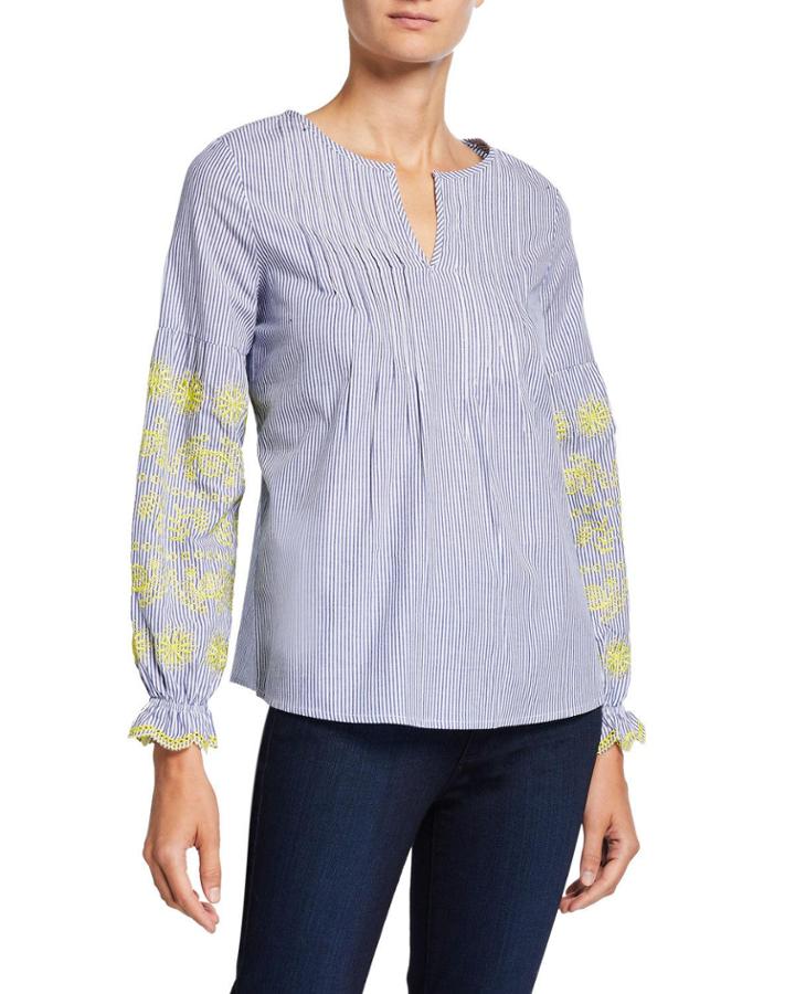 Pleated Striped Floral Embroidered Top