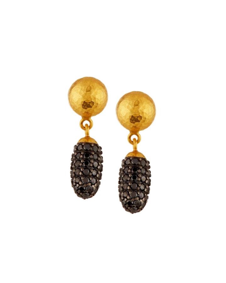 24k Small Cocoon Black Diamond Pav&eacute; Drop Earrings