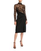 Mock-neck Long-sleeve Dress W/ Lace Bodice & Ruched Crepe