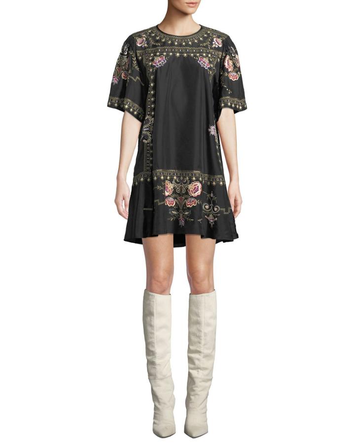 Short-sleeve Embroidered Ruffle-hem Dress