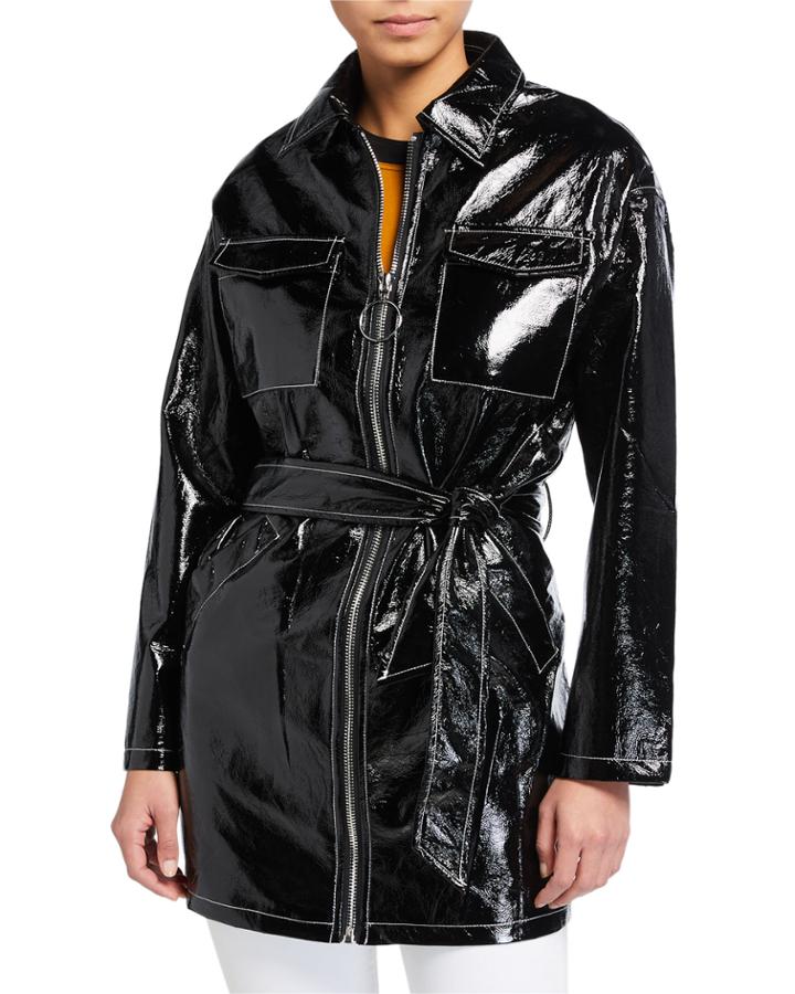 Faux Leather Zip Front Coat