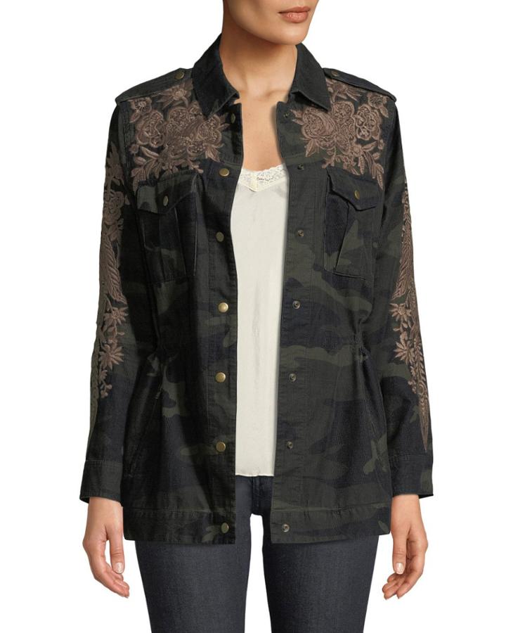 Petite Miloqui Camo-print Floral-embroidered Jacket
