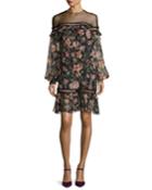 Callie Bishop-sleeve Floral-print Dress, Jet