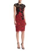 Cap-sleeve Floral-lace Cocktail Dress W/ Contrast Neckline