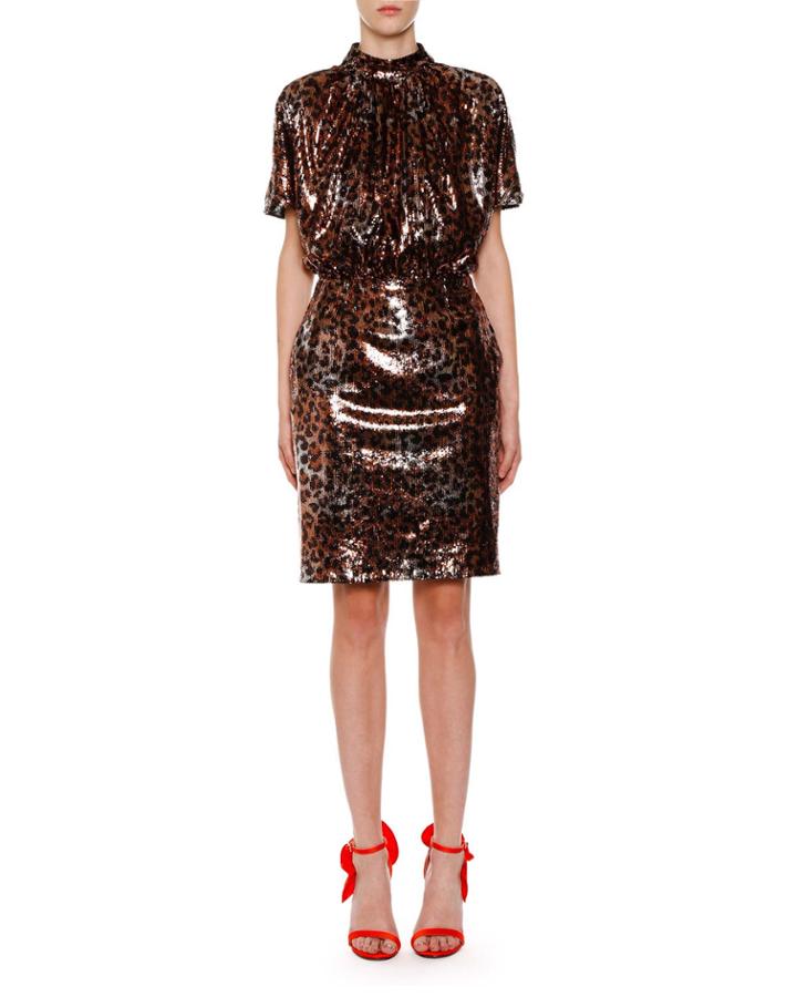 Sequin Leopard-print Mock-neck Backless Dress