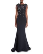Floral-embroidered Cowl-neck Cap-sleeve Crepe Evening Gown