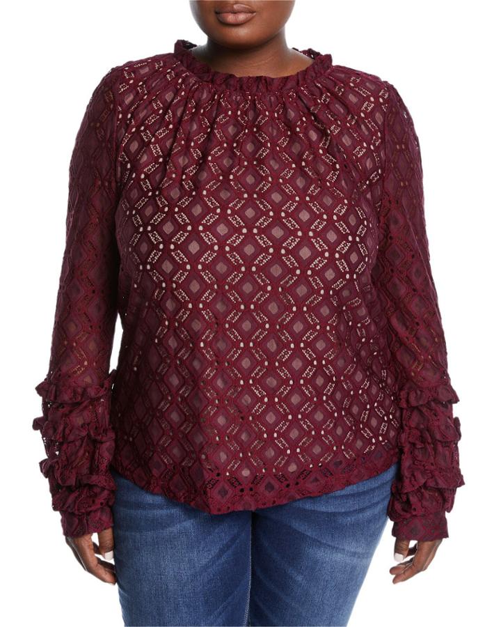 Embroidered Lace Ruffle Blouse,