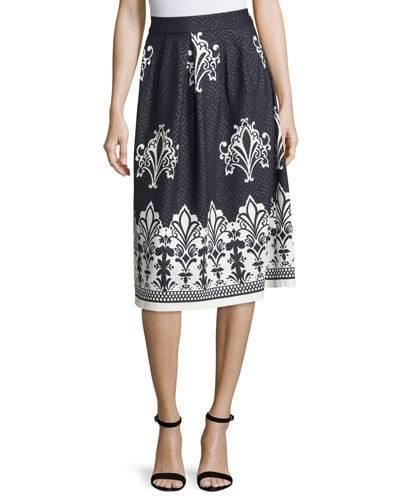 Pleated Jacquard A-line Skirt, Navy/white