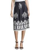 Pleated Jacquard A-line Skirt, Navy/white