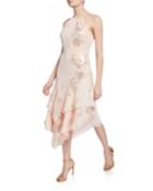 Ida Foiled Bouquet Halter Dress With Asymmetric Hem