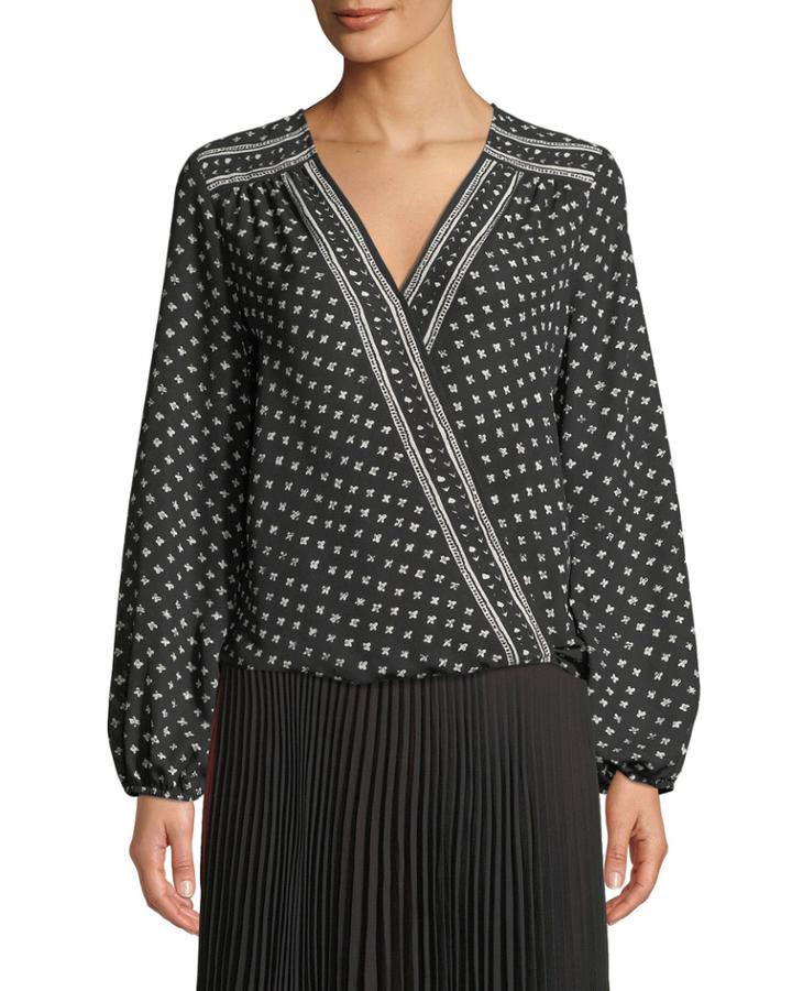 Long-sleeve Crepe Crossover Blouse