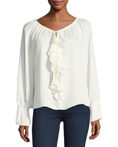 Cascade-front Plisse-cuff Blouse