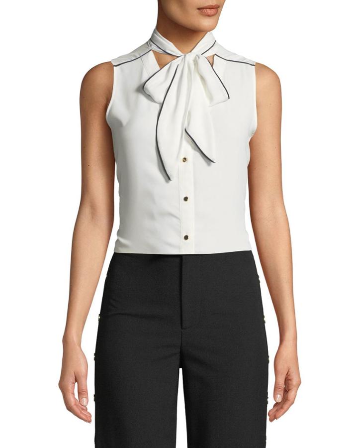 Piped Tie-neck Button-front Tank