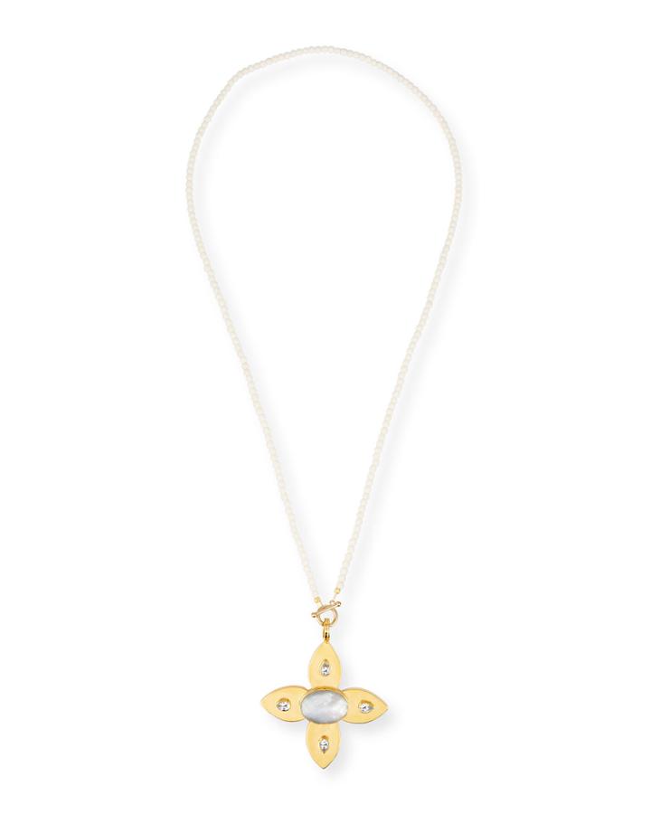 Large Mother-of-pearl & Topaz Flower Pendant Necklace