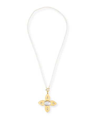 Large Mother-of-pearl & Topaz Flower Pendant Necklace