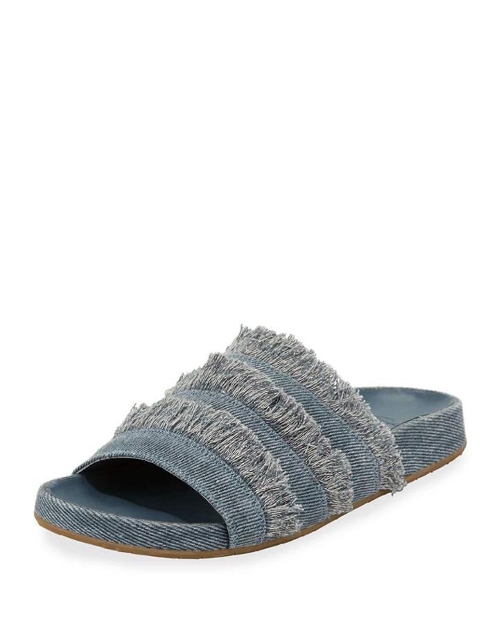 Jaden Frayed Flat Slide Sandal, Dark Denim