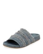 Jaden Frayed Flat Slide Sandal, Dark Denim