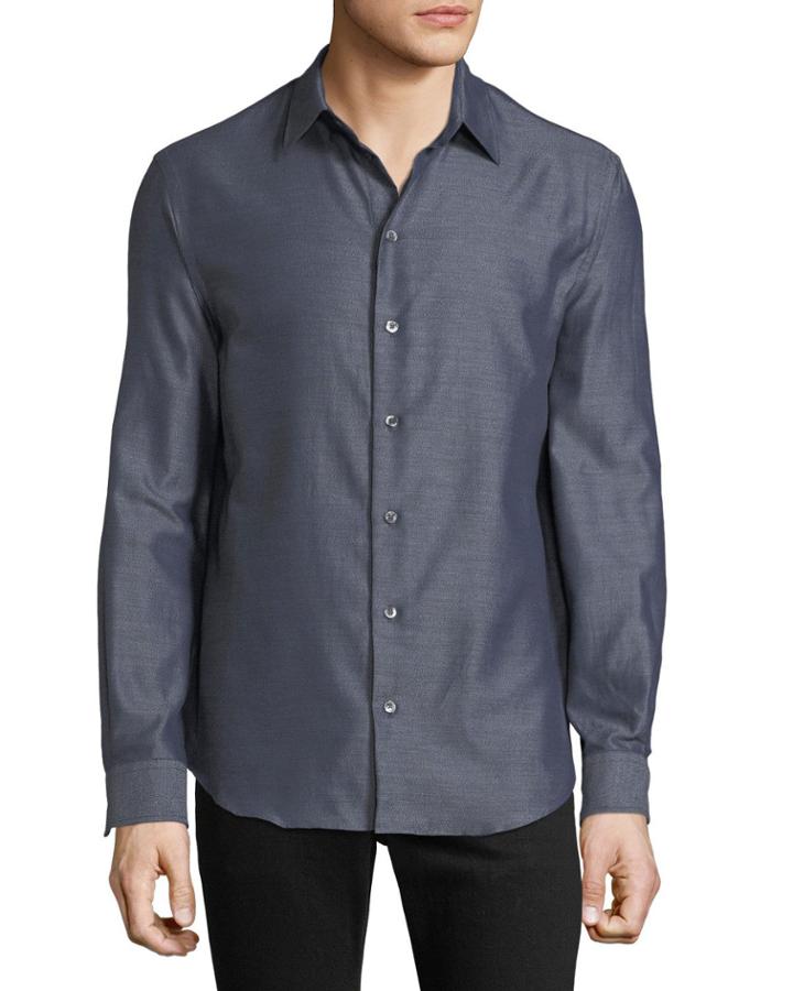 Men's Long-sleeve Button-front Melange Twill Woven