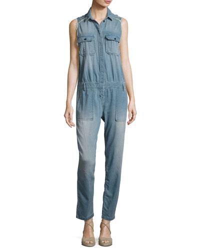 Sleeveless Denim Jumpsuit, Chambray