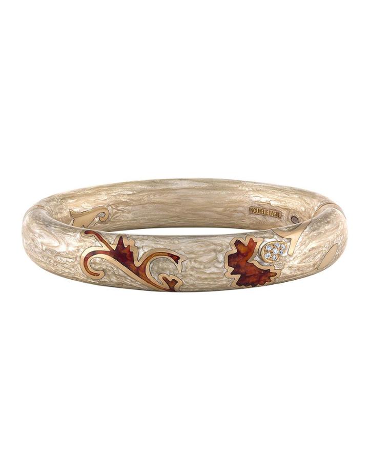 18k Rose Gold Flower Enamel Bangle W/ Diamonds, Tan/orange