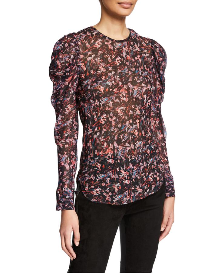 Lou Printed Crewneck Ruched-sleeve Top