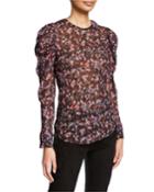 Lou Printed Crewneck Ruched-sleeve Top