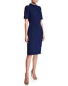 Mock-neck Short Sleeve Butter Crepe Dress With Button Detailing