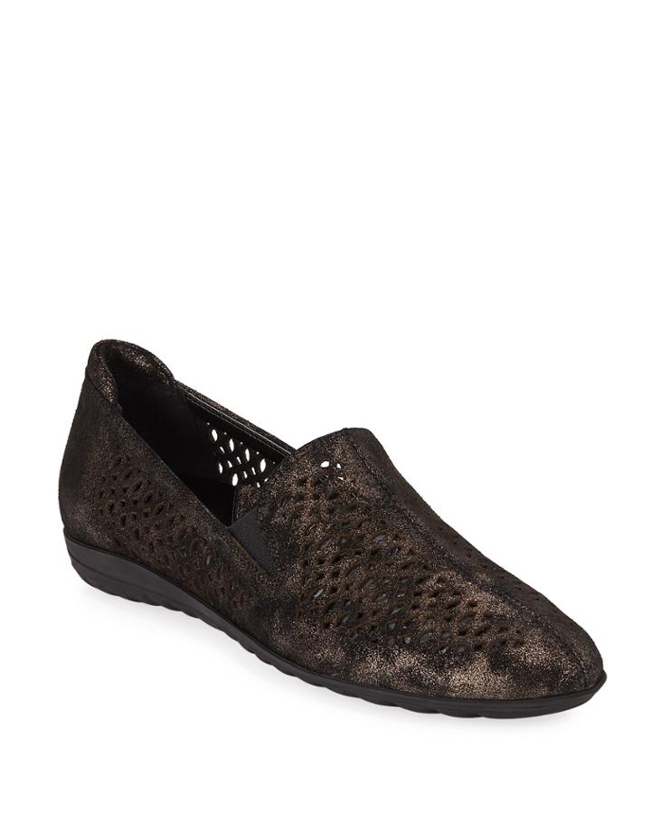 Brisia Metallic Leather Loafer Flats, Black