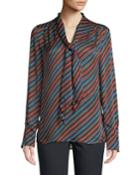 Tie-neck Long-sleeve Striped