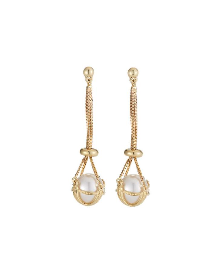 14k Caged Box Chain Pearl Dangle Earrings
