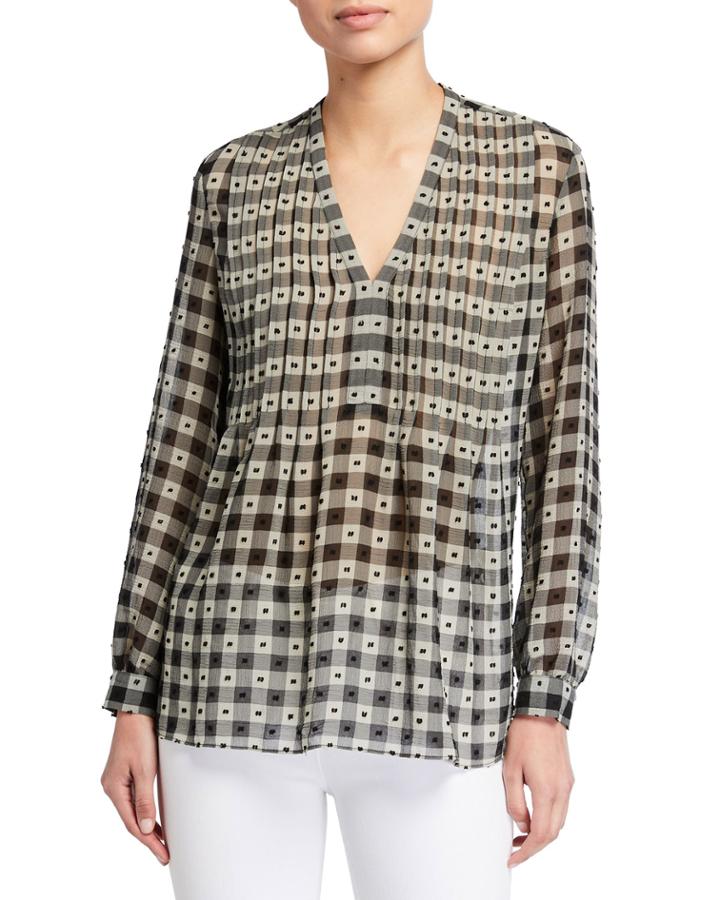 Dotted Gingham Long-sleeve Blouse