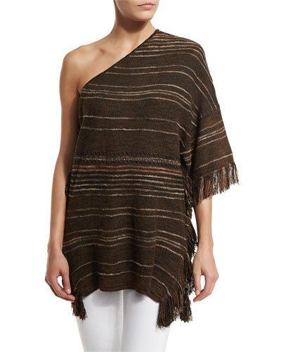 Striped One-shoulder Fringe Tunic, Espresso