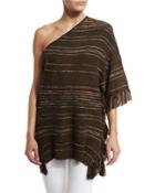 Striped One-shoulder Fringe Tunic, Espresso