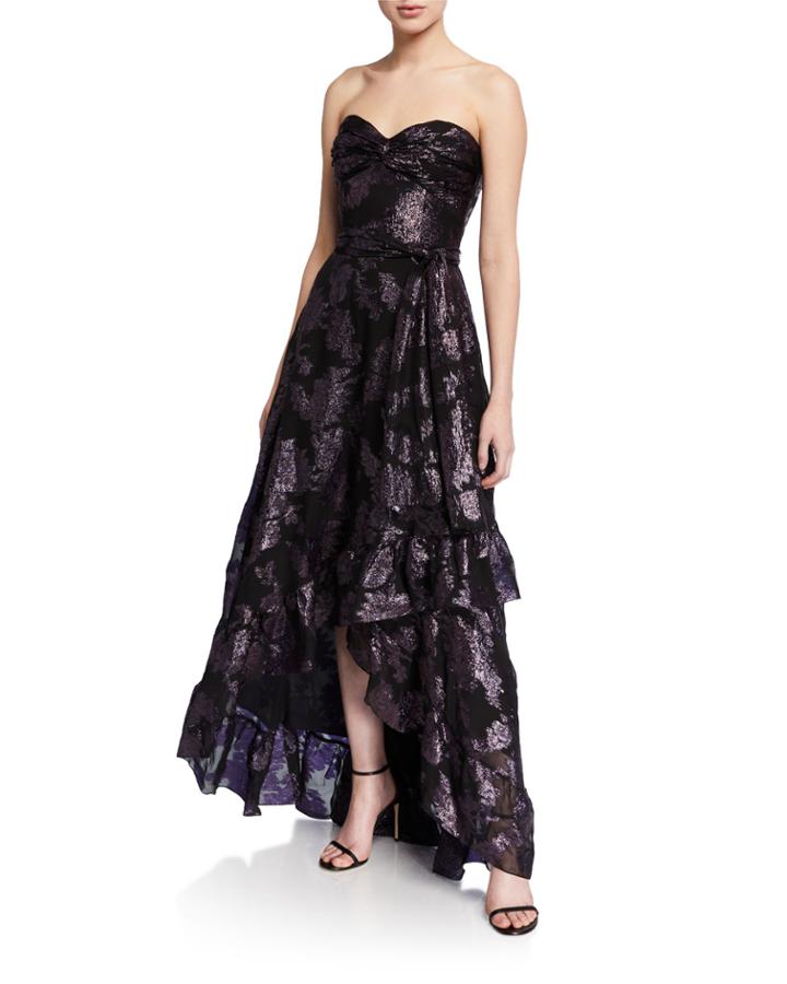 Toriana Metallic Floral Jacquard Strapless High-low Gown