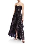 Toriana Metallic Floral Jacquard Strapless High-low Gown