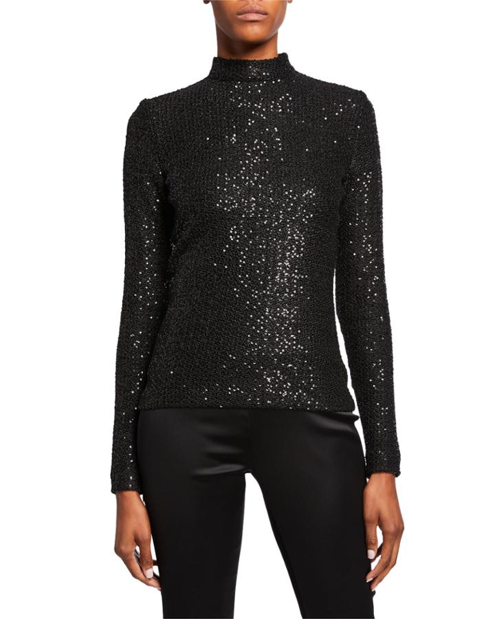 Statement Sequin Mock-neck Top With Zipper