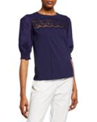 Crewneck Puff-sleeve Knit Top W/ Embroidered Detail
