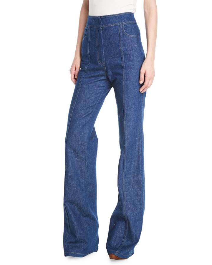 High-waist Flared-leg Denim Pants W/ Topstitch Detail