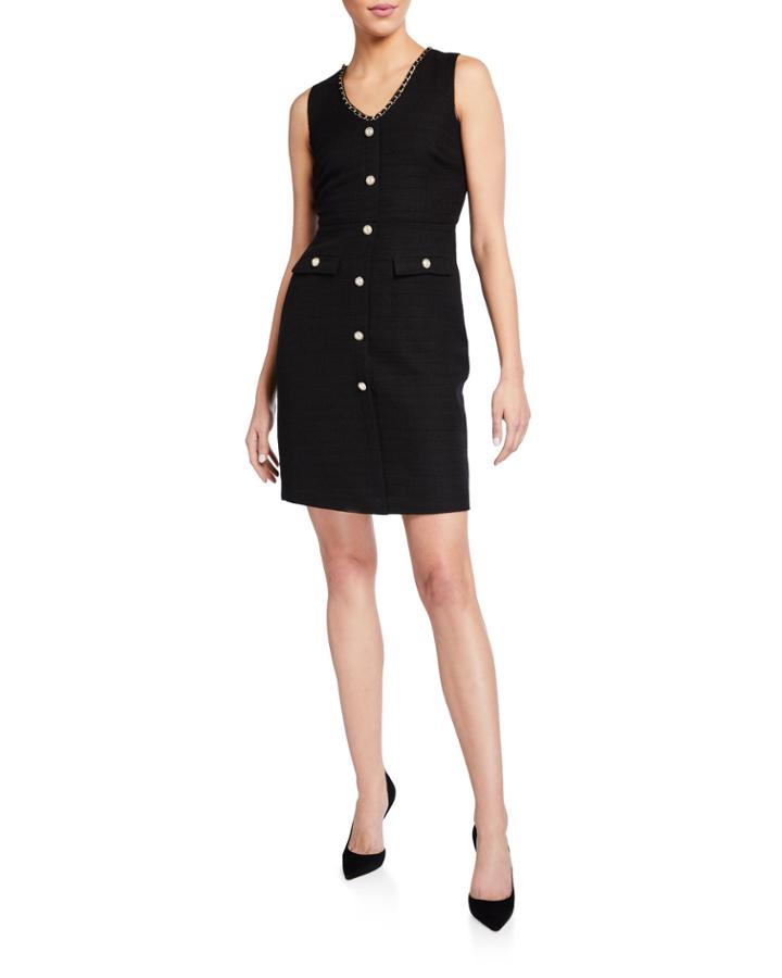 Tweed Sleeveless Sheath Dress With Chain