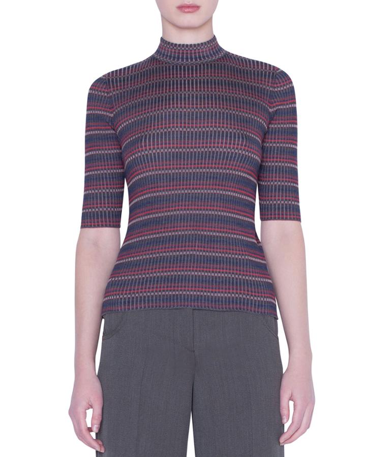 1/2-sleeve Checked Silk-knit