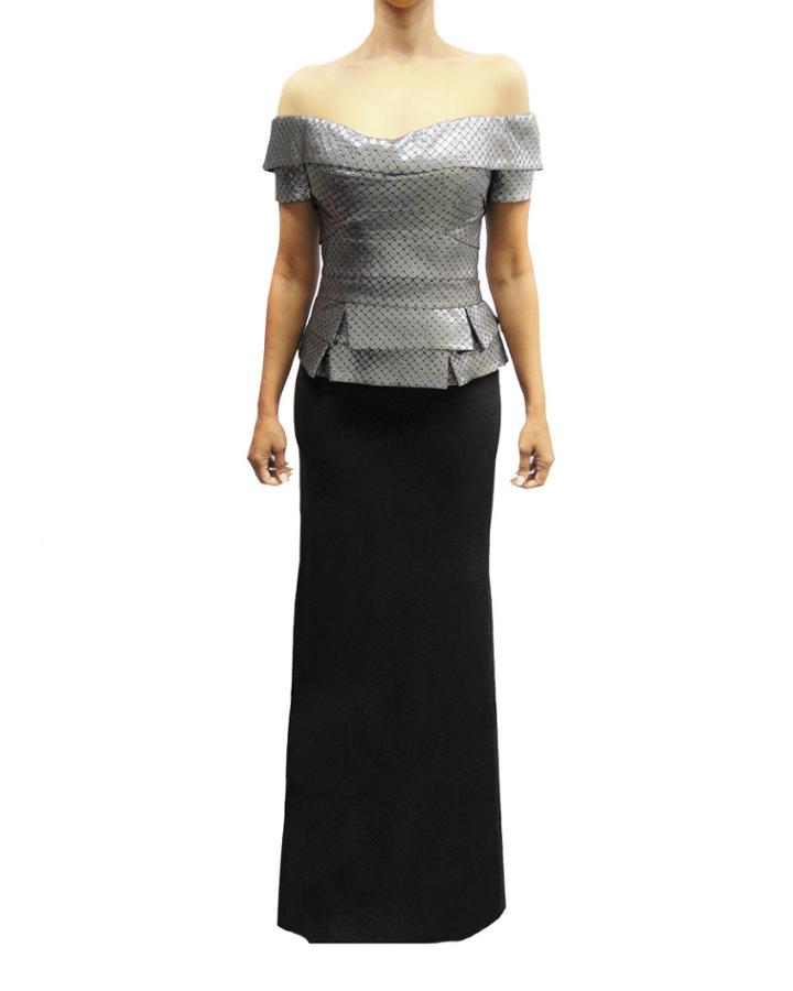 Tiered Off-the-shoulder Contrast Column Gown