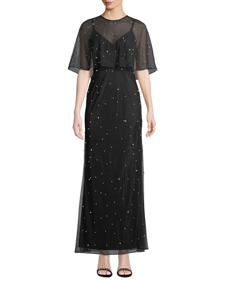 Pearly-embellished Tulle Gown With Capelet