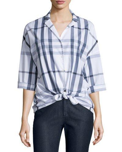 Analeigh Plaid Bracelet-sleeve Blouse, Denim Blue