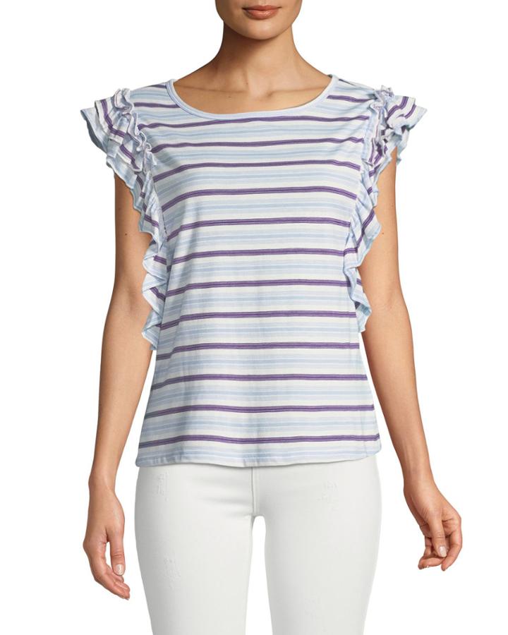 Striped Ruffle-trim Cap-sleeve T-shirt