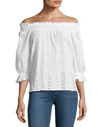 Smocked Off-the-shoulder Eyelet Top, White