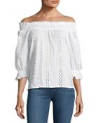 Smocked Off-the-shoulder Eyelet Top, White