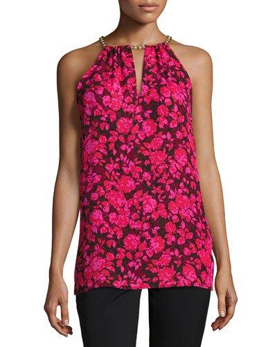 Chain-neck Printed Halter Top, Red Pattern