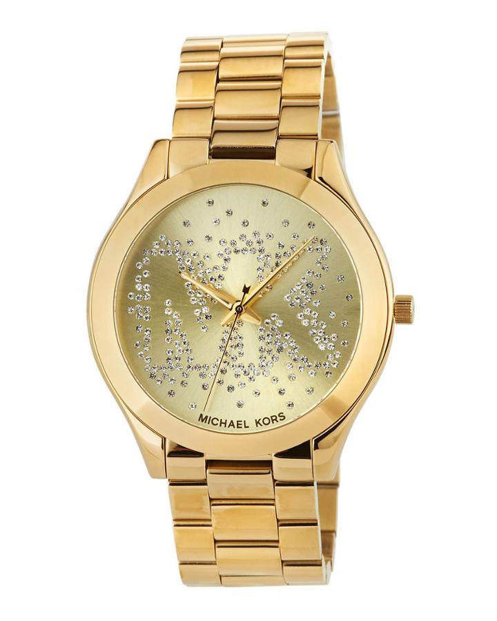 39mm Slim Runway Crystal Bracelet Watch, Gold