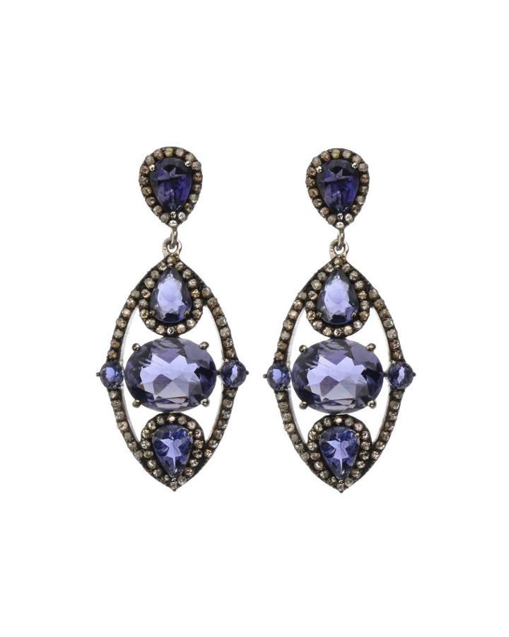 Black Silver Open Marquise Drop Earrings With Iolite & Diamonds