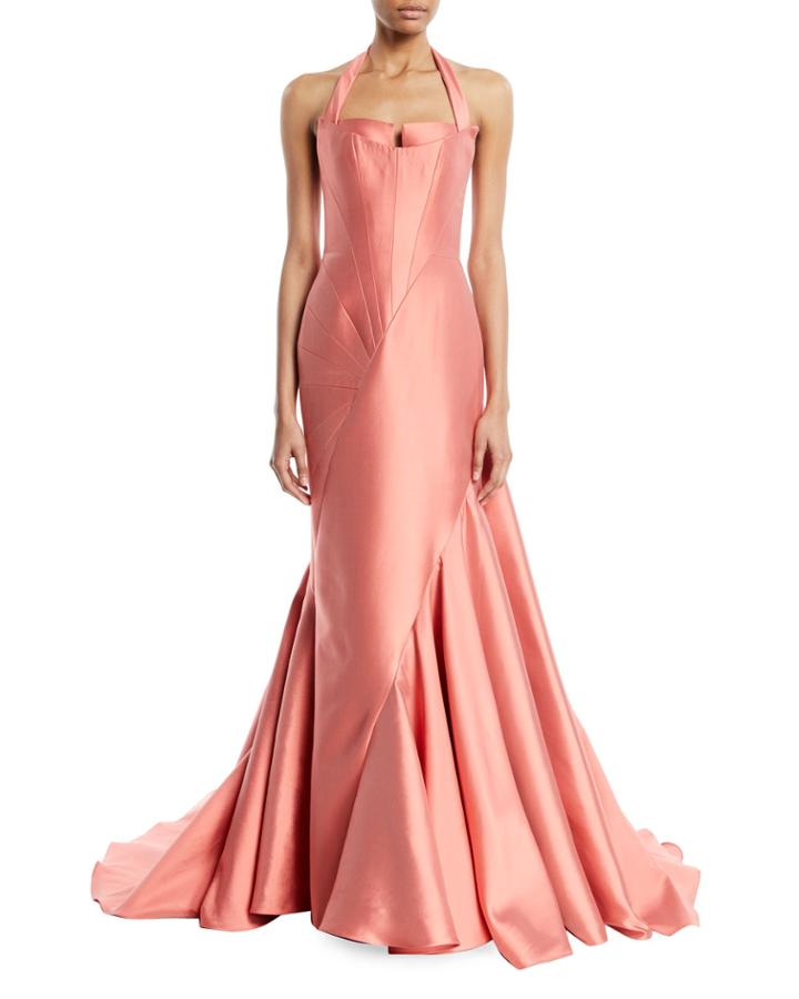 Sleeveless Fitted Halter-neck Evening Ball Gown W/ Sunburst